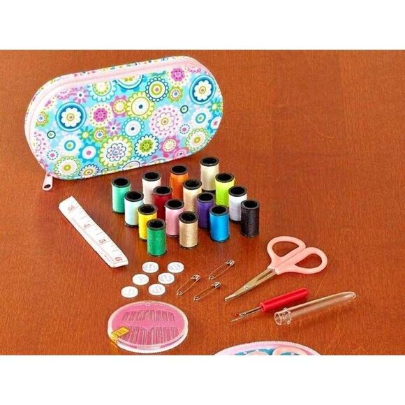 Sewing Kit Medallions Zippered Pouch Blue Pink Thread Shears Button Safety Pin - Picture 1 of 3